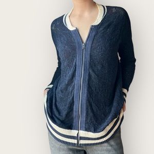 Free People Oversized Zip Up Cardigan Size M Navy and Cream